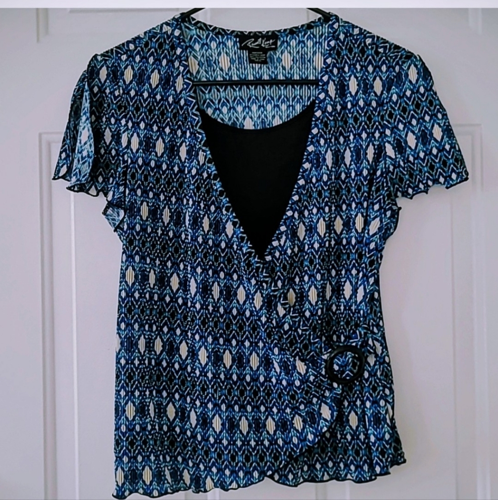 Russell Kemp NY Blue and Ivory Wrap Blouse